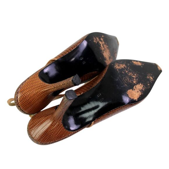 Pancaldi BROWN REAL LEATHER SNAKE MID HEEL POINTED BUCKLE SLINGBACK SHOES Sz 8B - Picture 9 of 12